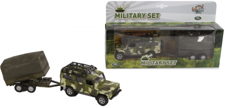 Auto Land Rover Defender Military přívěsem a plachtou 