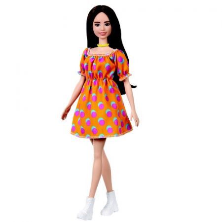 Mattel Barbie Modelka - oranžové šaty s puntíky 