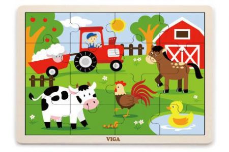 Viga Dřevěné puzzle 16 dílků - farma