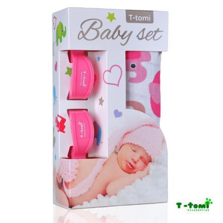T-tomi Baby set - bambusová osuška + kočárkový kolíček Sloni růžová