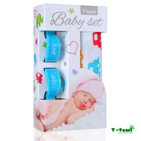 T-tomi Baby set - bambusová osuška + kočárkový kolíček Auta modrá