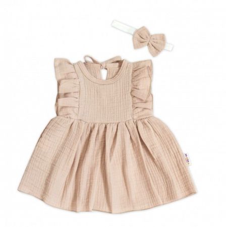 Baby Nellys 2-dílná sada mušelínové šatičky + čelenka-Béžová 56