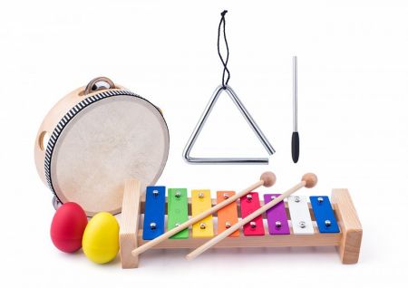 Woody Muzikální set xylofon, tamburína/bubínek, triangl, 2 maracas vajíčka