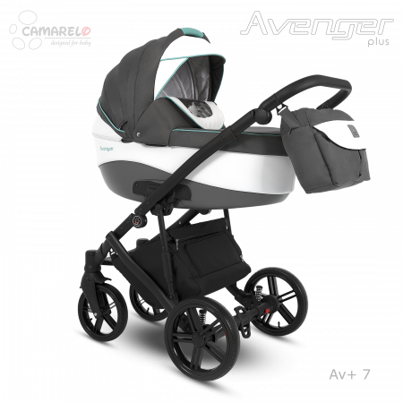 Dětský kočárek Camarelo Avenger Plus včetně autosedačky, AV+7 Šedo-bílá+tyrkysový detail