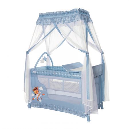 Cestovní postýlka a ohradka 2v1 Lorelli MAGIC SLEEP + Baldachýn BLUE ADVENTURE
