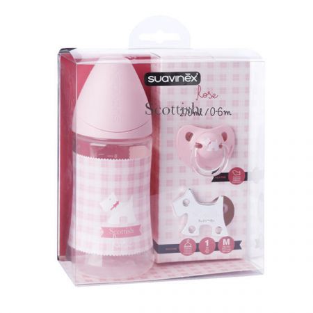 růžový set Scottish - láhev 270ml + dudlík 0-6m + klip