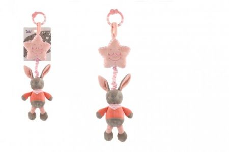 Teddies Zajíc s hvězdou plyš závěs na postýl./koč. natahovací hrací strojek 48cm růžový na kartě v sáčku 0+