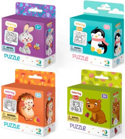 DODO DODO Puzzle s omalovánkou 16 dílků MIX 4 kusů (Ježek, Zajíček, Medvídek, Tučňák)