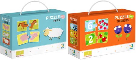 DODO DODO Puzzle Duo 12x2 dílků, sada 2 balení Zvířátka a Čísla a Ovoce, 18m+
