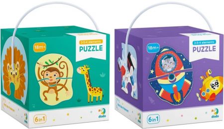 DODO DODO Puzzle 2-3-4 dílků, balení 2 kusů Divoká zvířata a Transport, 18m+