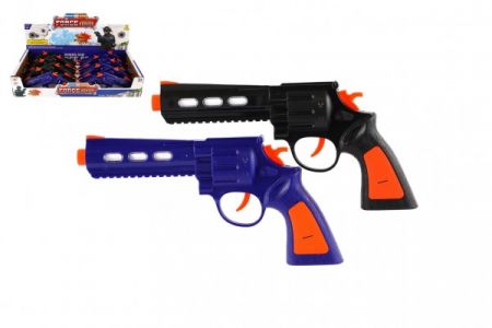 Teddies Pistole 22cm plast na baterie se světlem se zvukem 2 barvy 12ks v boxu