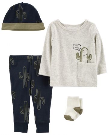 CARTERS CARTER'S Set 4dílný triko dl. rukáv, tepláky, čepice, ponožky Cactus kluk 6m