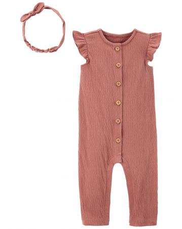 CARTERS CARTER'S Set 2dílný overal bez rukávů, čelenka Pink holka 6m