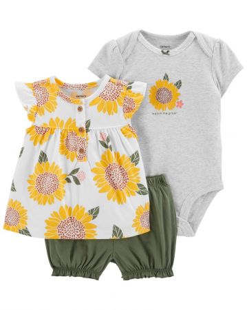 CARTERS CARTER'S Set 3dílný body kr. rukáv, triko kr. rukáv, kraťasy Grey Sunflower holka 6m