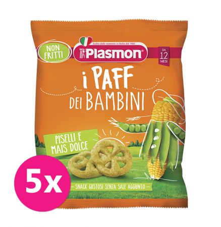 PLASMON 5x PLASMON Křupky zeleninové bezlepkové na cesty Paff hrášek 56% a kukuřice 15g, 12m+