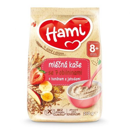 HAMI HAMI Mléčná kaše se 7 obilninami s banánem a jahodami 210 g, 8+