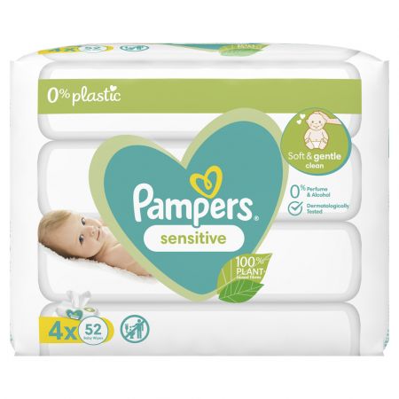 Pampers PAMPERS Sensitive vlhčené ubrousky Plastic Free 4 x 52 ks = 208 ks