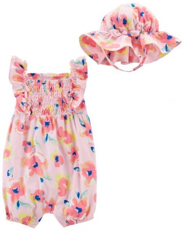 CARTERS CARTER'S Set 2dílný overal letní, klobouk Floral Pink dívka 3m