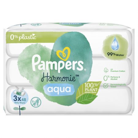 Pampers PAMPERS Harmonie Aqua vlhčené ubrousky Plastic Free 3x48 ks = 144 ks