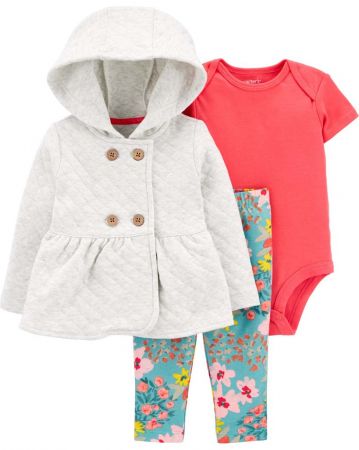CARTERS CARTER'S Set 3dílný kabátek, legíny, body kr. rukáv Grey Floral dívka 3m