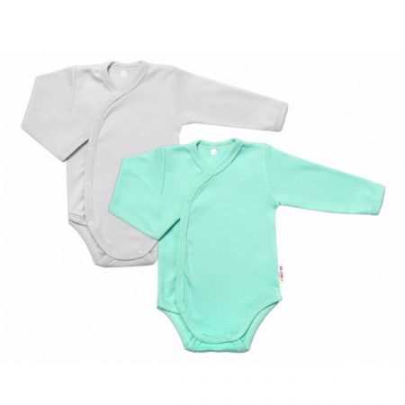BABY NELLYS bavlněné body s dlouhým rukávem BASIC PASTEL Mátová/Šedá 2ks vel. 62