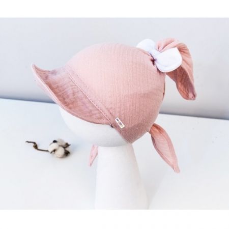 BABY NELLYS lehký mušelínový šátek s kšiltem na zavazování + mašle Pudrová vel. 0-36m