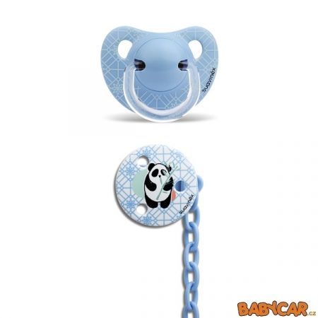 SUAVINÉX silikonový dudlík ANATOMICKÝ +6m + klip na dudlík KULATÝ Panda/Modrá