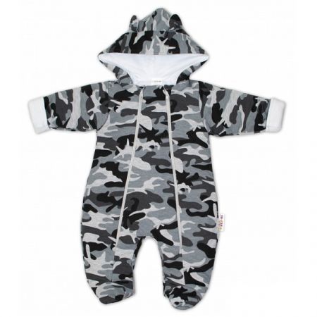 BABY NELLYS kombinézka s kapucí a oušky ARMY Šedá vel. 68