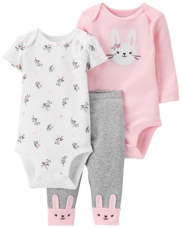 CARTERS CARTER'S Set 3dílný body dl. rukáv, body kr. rukáv, legíny Pink Bunny dívka LBB NB/ vel. 56