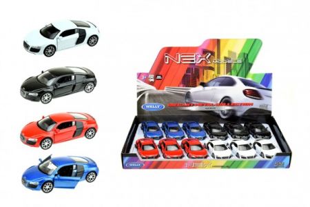 Teddies Auto Welly Audi R8 kov/plast 12cm 4 barvy na zpětné natažení 12ks v boxu