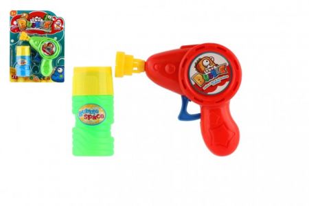 Teddies Bublifuk pistole plast 12x11cm + náplň na setrvačník 2 barvy na kartě