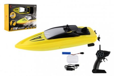 Teddies Motorový člun/loď do vody RC plast 22cm žlutý na baterie+dob. pack+USB 2,4Ghz v krabici 29x22x9cm