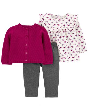 CARTERS CARTER'S Set 3dílný svetr, legíny, triko dl. rukáv Flora Purple holka 3m
