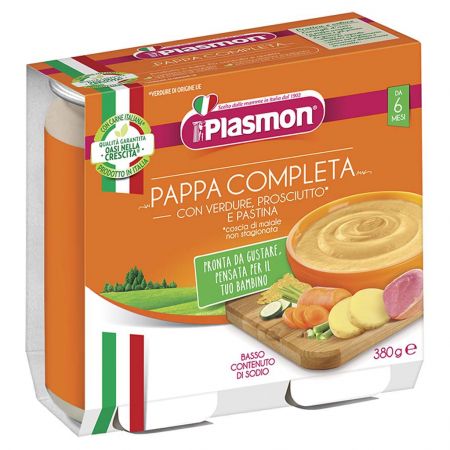 PLASMON PLASMON Příkrm zeleninový se šunkou a těstovinami 2x190 g, 6m+