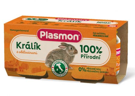 PLASMON PLASMON Příkrm bezlepkový masový s obilím králičí bez škrobu a soli, 30% masa 2x80g, 4m+