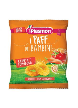 PLASMON PLASMON Křupky zeleninové bezlepkové na cesty Paff rajče a mrkev 15g, 12m+