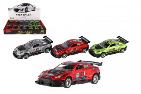 Teddies Auto závodní kov/plast 5x11cm na zpětné natažení na baterie se zvukem se světlem 3 barvy 12ks v boxu