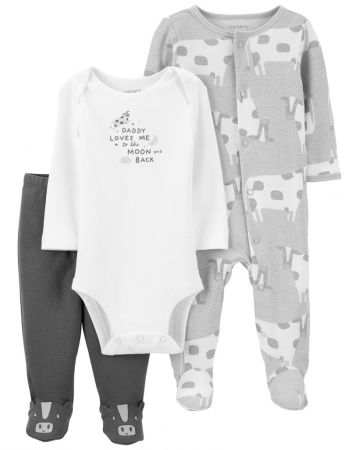 CARTERS CARTER'S Set 3dílný body dl. rukáv, polodupačky, overal Grey Cow neutrál 6m