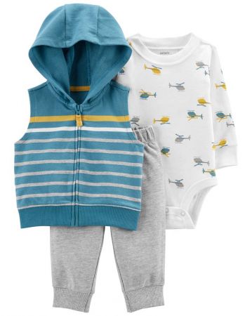 CARTERS CARTER'S Set 3dílný vesta, body dl. rukáv, tepláky Stripes Helicopter chlapec NB/ vel. 56