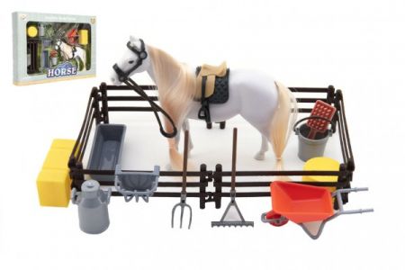 Teddies Kůň česací bílý plast s doplňky a ohradou v krabici 34x25x5cm