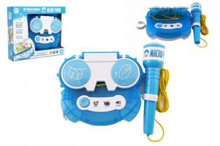 Teddies Mikrofon karaoke modrý plast na baterie se světlem v krabici 24x21x5,5cm