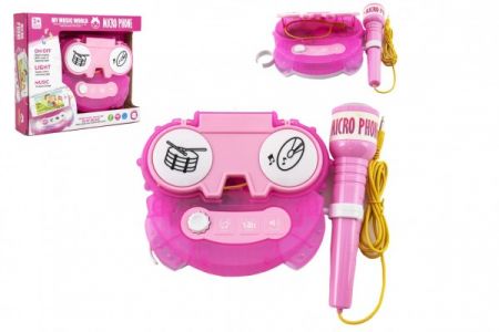 Teddies Mikrofon karaoke růžový plast na baterie se světlem v krabici 24x21x5,5cm