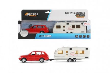 Teddies Auto s karavanem kov/plast 29cm na zpětné natažení v krabičce 32x13x6cm