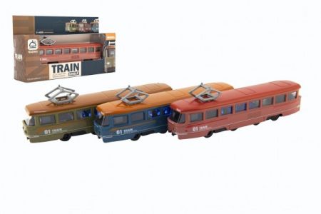 Teddies Vlak/tramvaj kov/plast 17cm na zpětný chod na bat. se zvukem se světlem 3 barvy v krabičce 22x13x6cm