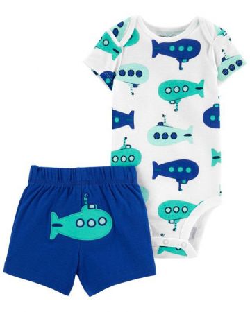 CARTERS CARTER'S Set 2dílný body kr. rukáv, kalhoty kr. Blue Submarine chlapec NB/ vel. 56
