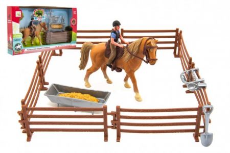 Teddies Kůň + panáček žokej plast s ohradou s doplňky v krabici 33x19x5,5cm