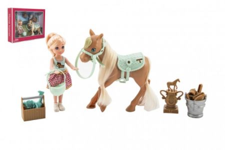 Teddies Panenka/žokejka 14cm kloubová s koněm plast s doplňky v krabici 30x23x6cm