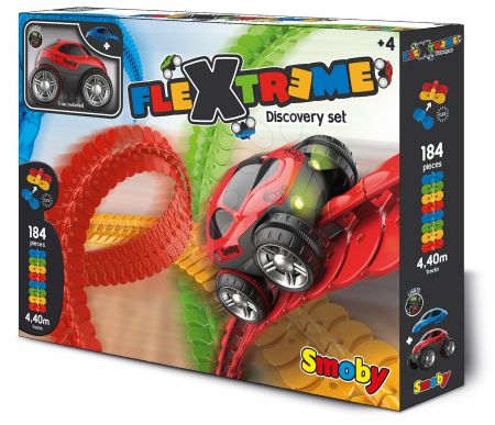 Smoby Flexibilní autodráha FleXtrem Discovery Set  184 dílů dráhy a 440 cm dlouhá s elektronickým svítícím autem od 4 let