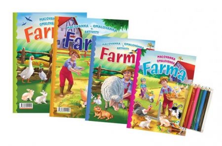 FONI Book Omalovánky+aktivity/Maľovanky+aktivity Na farmě/Na farme 4ks + pastelky CZ+SK verze v sáčku 21x29cm