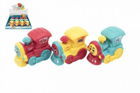 Teddies Vlak/mašinka plast 8cm pro nejmenší na setrvačník 3 barvy 12ks v boxu 18m+